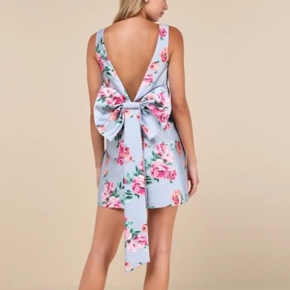 Lulus Exceedingly Darling Floral Open Back Oversized Bow Mini Dress Blue XL